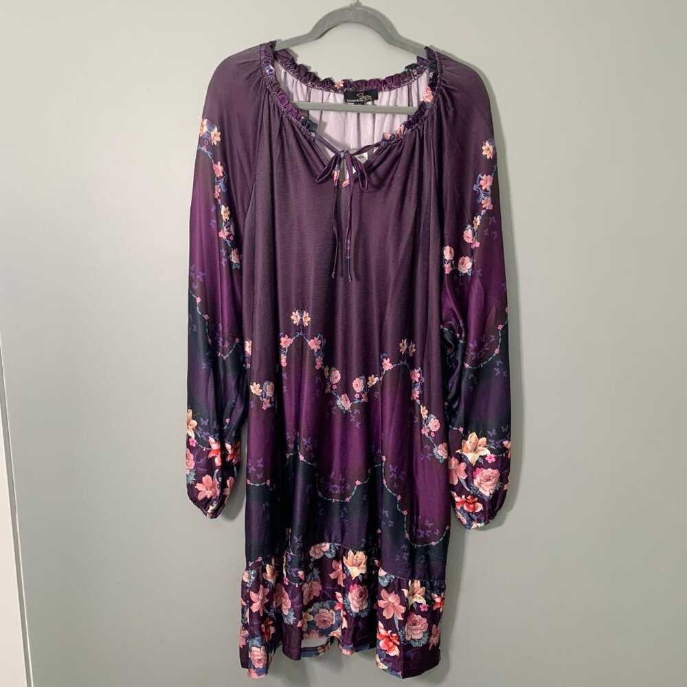 NEW Suzanne Betro Notch Tie Neck Ruffle Hem Dress Women 4X Purple Floral Ombre